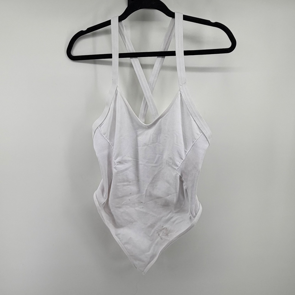 Free People Movement Womens White Ribbed Criss Cross Back‎ Bodysuit Size XL
